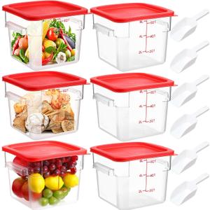 Hsei 6 Sets 6 Quart Commercial Food Storage Containers with Lids and 6 Pcs Plastic Ice Scoop for Freezer Flour Sugar Baking Bread Dog Food Restaurant Kitchen Square, (Red)