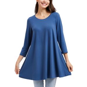 ENMAIN Tunic Tops for Women 3/4 Sleeve Plus Size Women's Tunics Loose Fit Floral Swing Flare Ladies Blouse for Leggings (Blue, M)