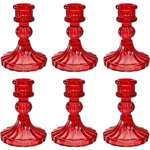 Glass Candlestick Holder,Striped Taper Candle Holders,Set of 6 Candle Stand for Table Centerpieces, Home Decor,Weddings,Festival and Parties (Red Stripe Pattern)