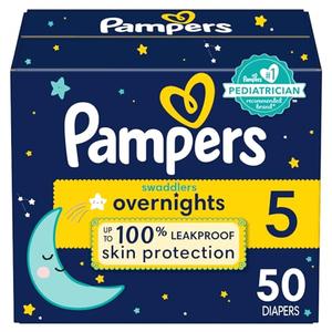 Pampers Overnight Diapers - Swaddlers Overnights - Size 5, 50 Count, Disposable Baby Diaper, Night Time Leak and Skin Protection