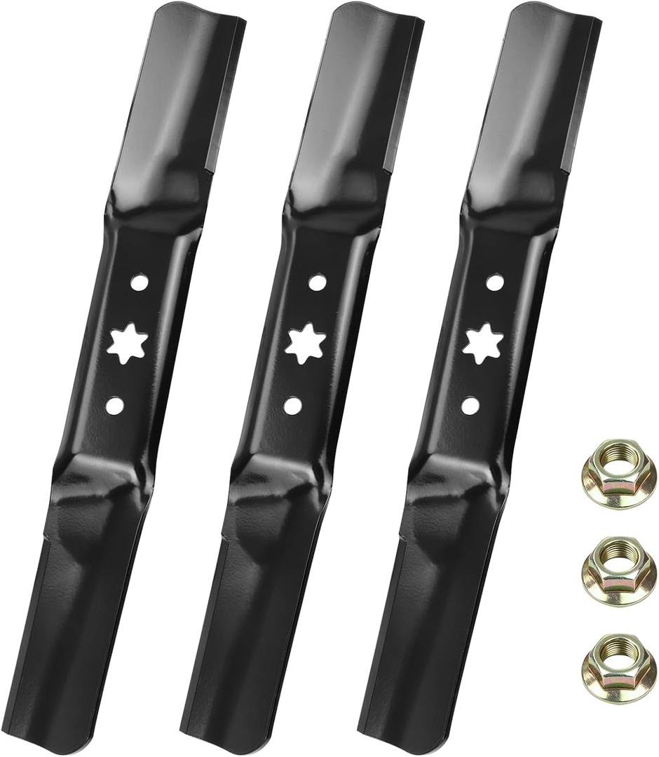 3 Pack 942-05056A Lawn Mower Blades with Nuts for ZT1 54, ZT2 54, RZT L54, RZT S54, XT1 LT54 Replace Troy Bilt Craftsman Cub Ca det 54 inch Mower Blades 742-05056A, 490-110-C143, High Lift