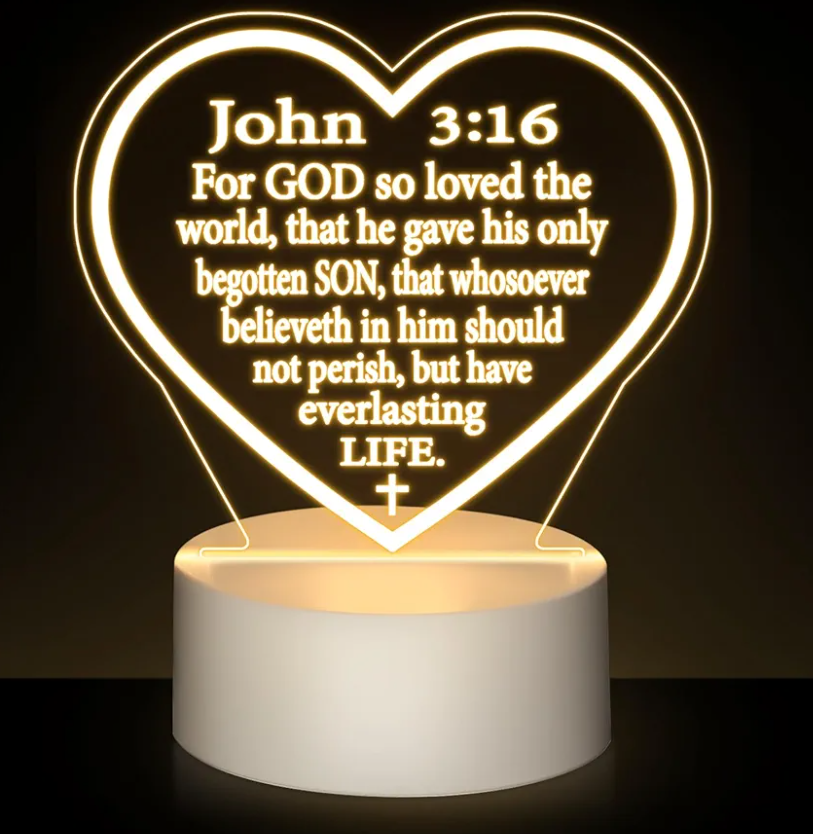 Kosiz John 3:16 Easter Christian Decor Gift Engraved Sayings Acrylic Night LED Light with Base Inspirational Desk Decor Gift for Dad Mom Church Baptism Jesus Church Favors