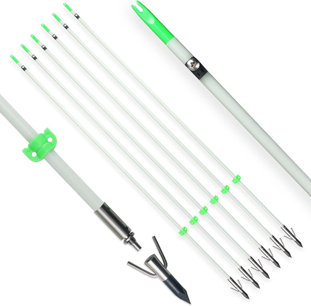 TIGER ARCHERY 34inch Bowfishing Arrows Solid Fiberglass Shaft with Broadhead for Compound Bow and Recurve Bow Fishing Arrow Archery and Hunting (Pack of 6)