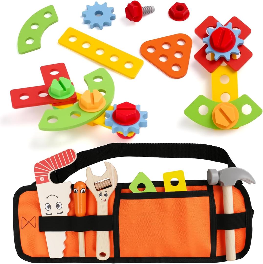 Kids Tool Set with Tool Belt Montessori Educational Toys for 3 Year Old Boys Gift 20 Pcs STEM Toy Wooden Pretend Toddler Tool Set Birthday for 3 4 Year Old Boy Girl