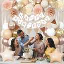 Beige Brown Birthday Decorations for Women, Gold Neutral Cream Sand White Party Balloon Kit with Boho Happy Birthday Banner Fringe Curtain Background Pom Pom Cake Topper for Boy Girl Men Bday Supplies