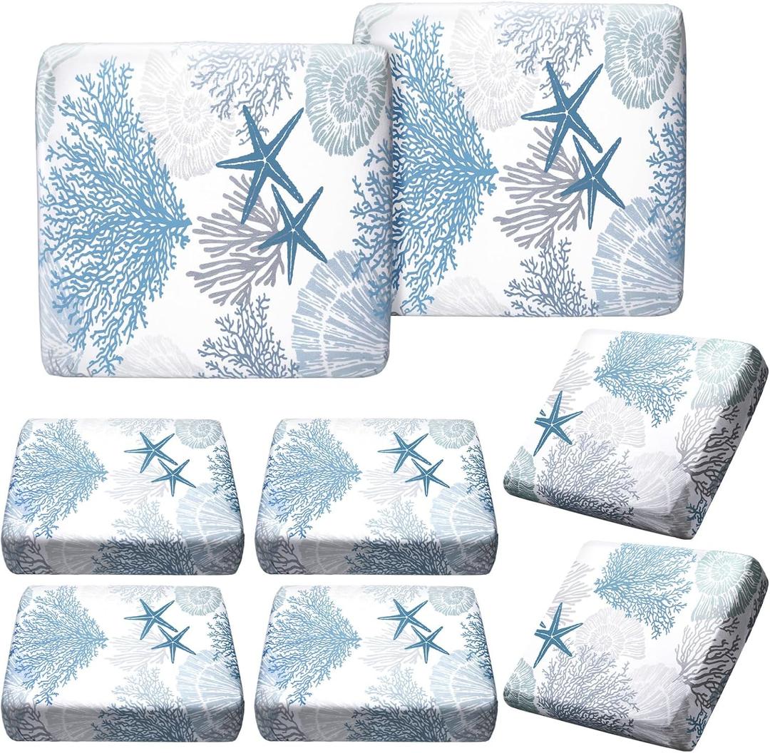Hosuly 8 Pcs Summer Sofa Cushion Cover Patio Stretch Beach Outdoor Seat Cushions Covers Starfish Seashell Coral Replacement Couch Chair Slipcovers Coastal Sofa Seat Cover Flexibility