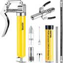 KOOPOOL Mini Grease Gun Kit, 4500 PSI Grease Gun with Upgraded Double-Handle 6-Jaw Lock and Seal Coupler, Includes 3oz Grease Cartridge, Precision Needle Nozzle & 12" Flex Hose