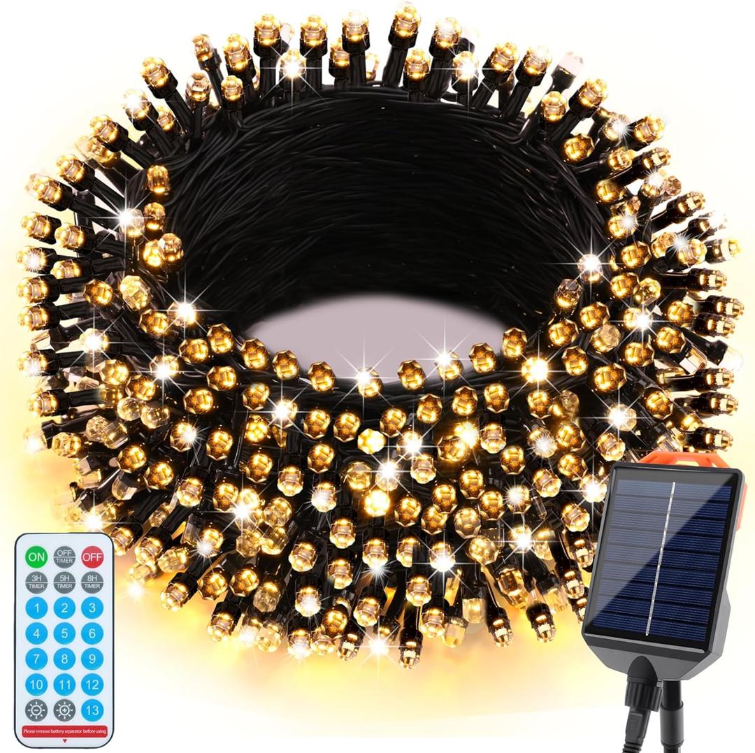 Solar Christmas Lights Outdoor Waterproof,13 Modes 118Ft 300LED Solar Powered String Lights for Tree Outside Garden Patio Fence Christmas Decorations (Warm White)