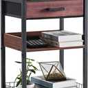 Lerliuo Walnut Printer Stand with Fabric Drawer, 3 Tier Industrial Side Table, Modern Small Printer Desk Holder with Storage Shelf, Multi-Functional Bedside Tables for Home Office Fax Machine Scanner, Walnut