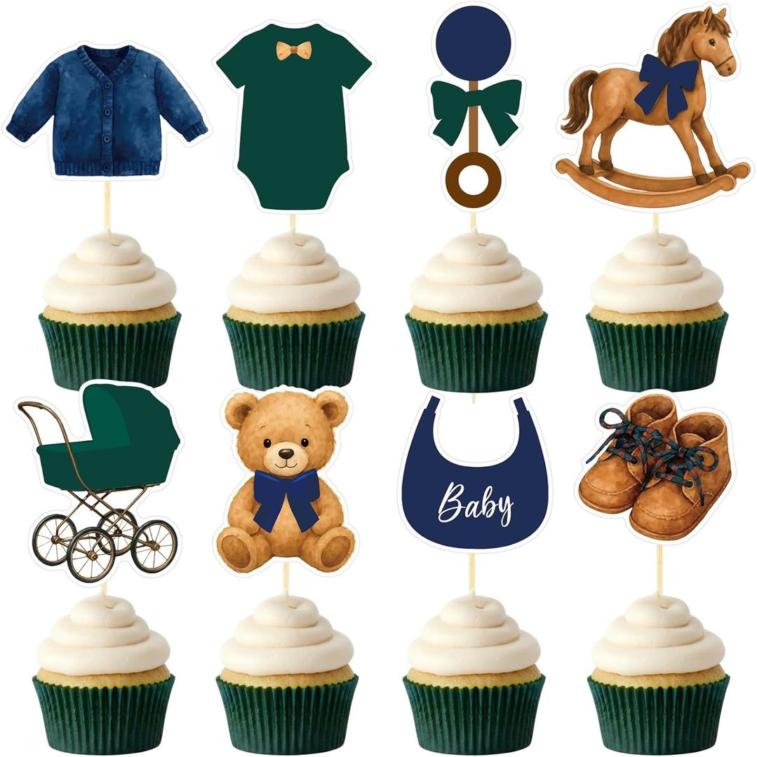 48 Pcs Green Blue Tartan Plaids Decorations Bear Baby Shower Cake Toppers Vintage Tartan Preppy Bear Cake Toppers for Baby Shower Birthday Party Decorations, 8 Styles