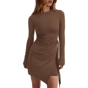 PRETTYGARDEN Women 2025 Mini Bodycon Dresses Long Sleeve Ruched Fitted Short Night Out Trendy Party Club Outfits Fall Clothes (X-Small, Brown)