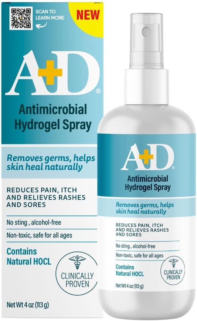 A+D Antimicrobial Hydrogel Spray  with Hypochlorous Acid, Removes Germs, Helps Heal Rashes & Irritations, Reduces Itch & Pain, Alcohol-Free, Non-Sting Formula, Safe for All Ages, 4oz