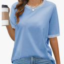 Women's 2025 Short Sleeve Striped Color Block T Shirts Crewneck Loose Casual Tee Tops, L