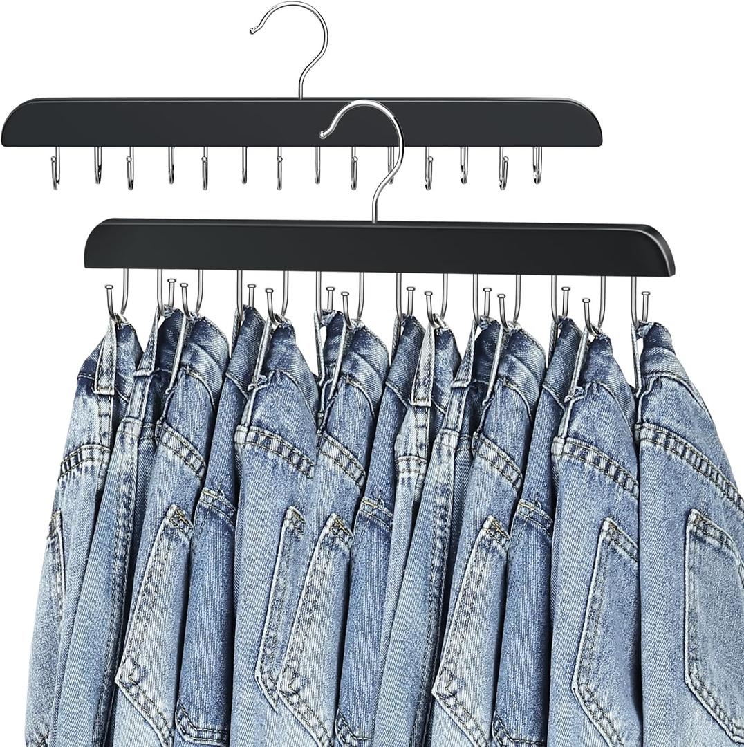 Jean Hangers for Closet, 14 Wood Jeans Hooks Space Saving, 180 Rotating Jean Hangers for Skirts/Shorts/Belts/Ties, Closet Organizers and Storage, Pants Hooks for Jeans, 2 Pack, Black