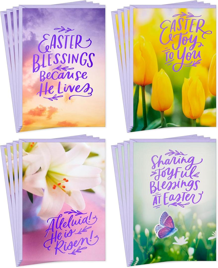DaySpring Religious Easter Cards Assortment (16 Cards with Envelopes, 4 Designs) Tulip, Lily, Butterfly, Nature