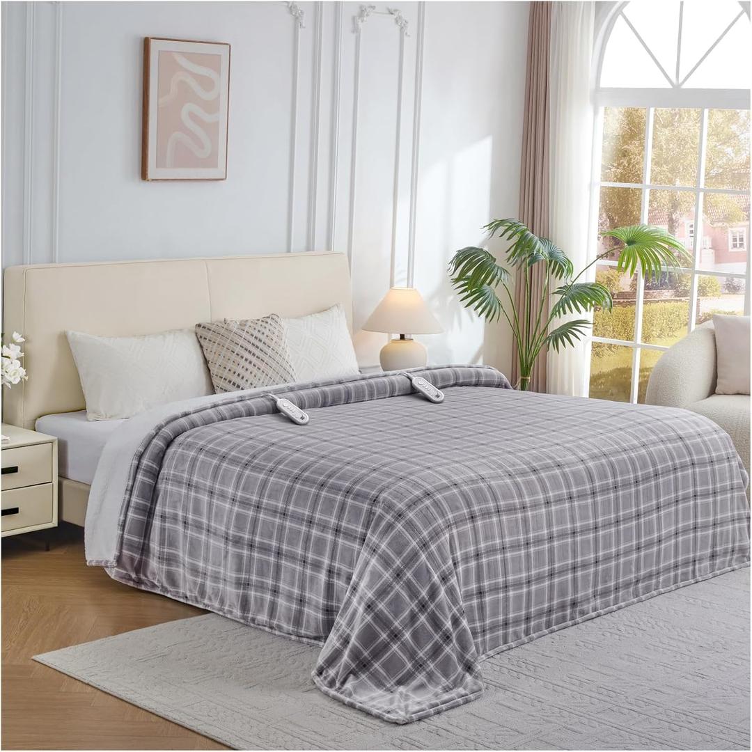 Electric Heated Blanket Queen Size, Dual Control Fast Heating Sherpa Blanket, 8 Heating Levels & 10 Hours Auto Off, Machine Washable with ETL & FCC Certified, Grey Plaid