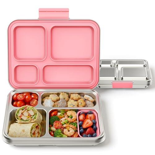 FAJSL Stainless Steel Bento Box, 4-Compartment Metal Lunch Box with Removable Silicone, Lunch Container for Kids & Adults with Silicone Inner Container, School, Office, Dishwasher Safe(Pink)
