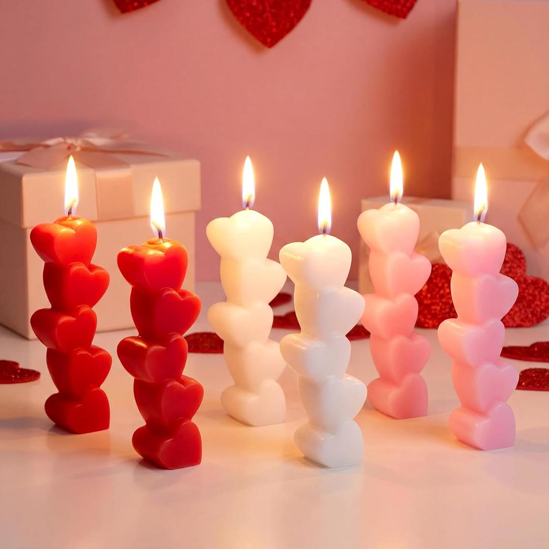 MTLEE 6 Pcs Mother's Day Taper Candles Heart Candle Sticks 6.5 Inch Tall Pink Red White Candlestick Pillar Soy Candles Mother's Day Birthday Gifts for Fireplace Home Table Decor Party Dinner Wedding