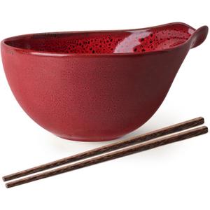 Artena Ramen Bowl with Chopsticks, 42oz Ceramic Noodle Bowl, Large Soup Bowl, Pasta Bowl Set, Big Salad Bowl, Deep Pho Bowl for Dumplings, Cereal, Rice, Dishwasher Microwave Safe, Gourd Design, Red