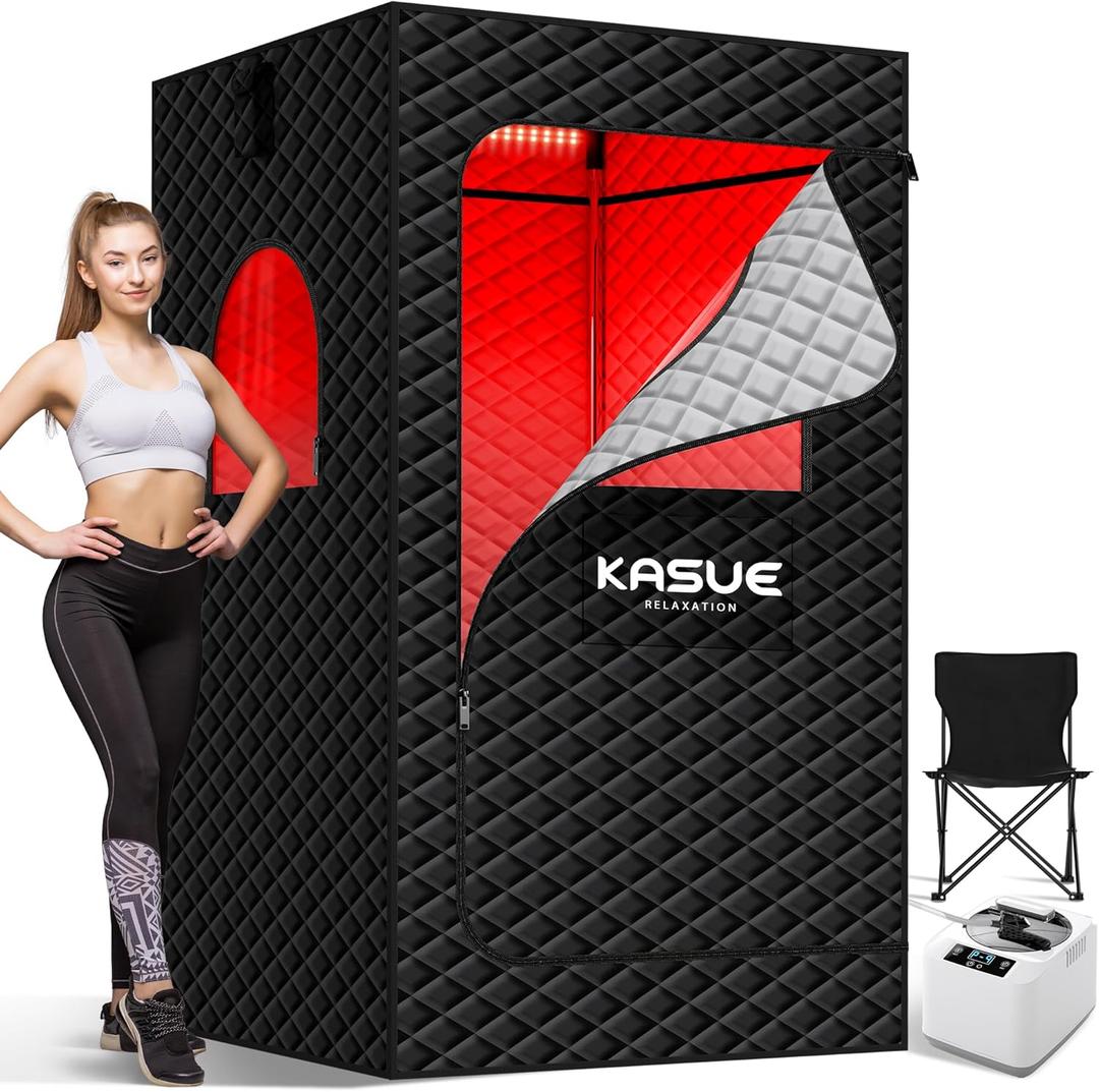 KASUE Portable Steam Sauna Tent for Home, Infrared Sauna with 3L Steamer, 9 Temp Levels & 99 Min Timer, 5-Layer Waterproof Insulated, Folding Chair Included, Indoor Spa (Light Black) (1 person)