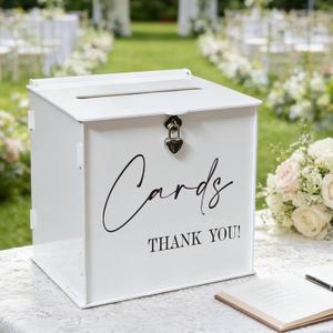 White Acrylic Card Box with Lock & Slot, Elegant Wedding Card Boxes for Reception Money Envelope Cash Gift, Stylish Cards Box for Party Graduation Bridal Baby Shower Birthday Table Decor