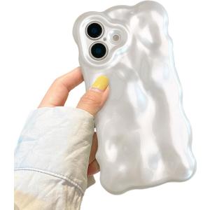 XIZYO for iPhone 16 Case 6.1 Inch Cute Wave Pattern Aesthetic Phone Case 3D Curly Wavy Shape Plating Glitter Bling for Women Girls Soft Bumper Silicone Shockproof Case, Pearl White