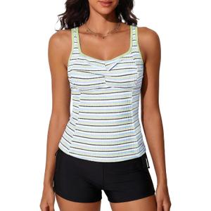 Summer Mae Tankini Swimsutis for Women 2026 Two Piece Tummy Control Bathing Suits Shirred Striped Twist-Front Swim Suits (Green)
