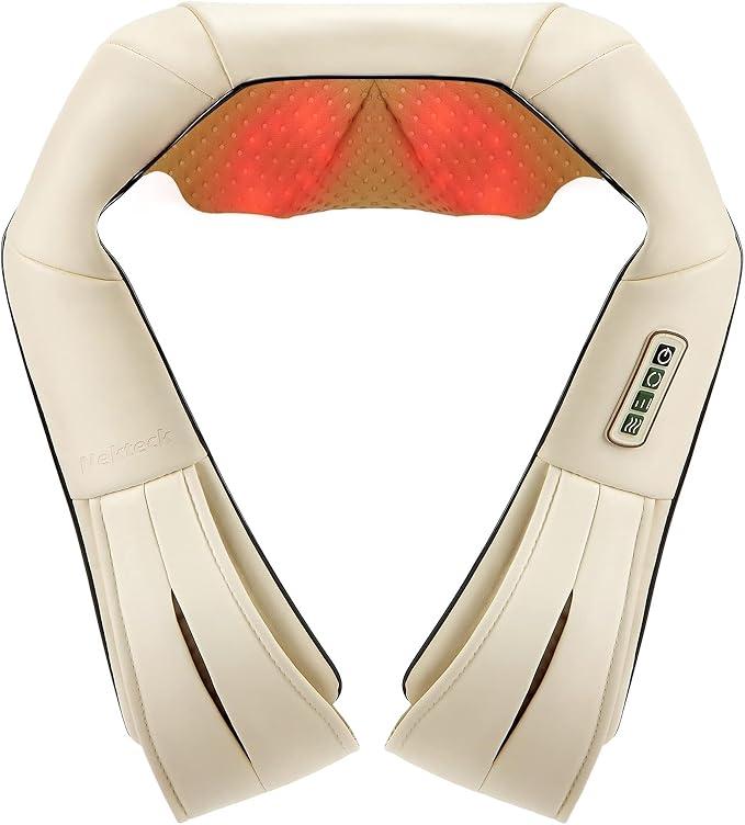 Nekteck Neck Massager for Pain Relief Deep Tissue, FSA Eligible Shiatsu Back Massager with Heating 3D Kneading Massage Pillow for Shoulder Leg Muscle, Office Home Car Use, HSA Eligible, Plug-in Use, Beige