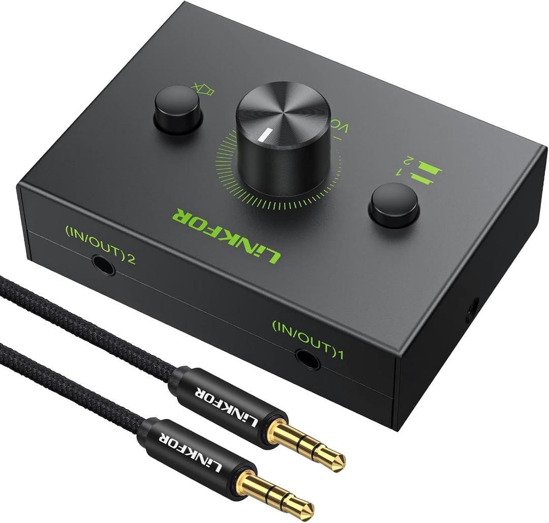 LiNKFOR 2 Ports 3.5mm Stereo Audio Selector Box with 3.5mm Audio Cable Support 1 in 2 Out / 2 in 1 Out, Mute Button Compatible with PC, CD Player, Laptop, Headphone, Plug & Play