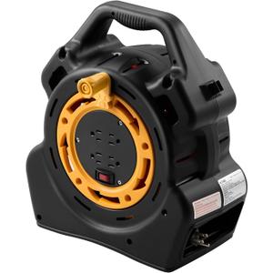 KTMC Extension Cord Reel with 50FT Power Cord, Hand Wind Retractable, 16/3 AWG SJTW, 4 Grounded Outlets, 10 Amp Circuit Breaker, Yellow, Black, UL Listed
