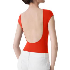 SUUKSESS Women Backless Y2k Short Sleeve Bodysuit Double Lined Open Back Sexy Basic Top, L