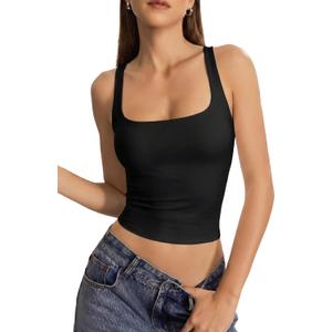 QINSEN Womens Tank Tops with Built in Bras Square Neck Double Lined Basic Sleeveless Workout Tops (Black, M)