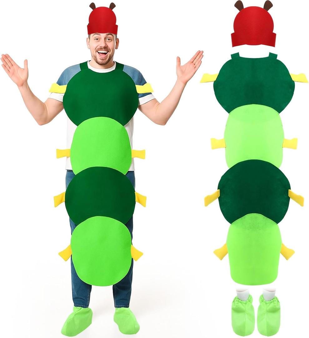 Soulchen Caterpillar Costume for Adult, Halloween Caterpillar Costumes with Hood Shoe Covers, One Size Green Insect Jumpsuit for Women Men Halloween Cosplay World Book Day Fancy Dress Party