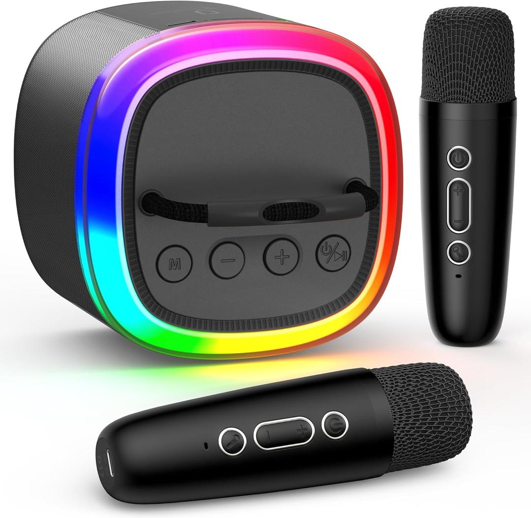 Karaoke Machine, Mini Bluetooth Speaker with 2 Wireless Microphones, Disco Lights Karaoke Home Party, Xmas Birthday Gifts for Singing