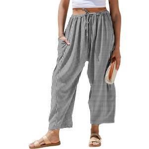 TARSE Womens Linen Wide Leg Striped Pants Casual Barrel Palazzo Harem Pants | Gingham Pants, Loose Fit Drawstring Baggy Pants, Side Pockets, Lounge Pants, Beach Travel Vacation Trousers L