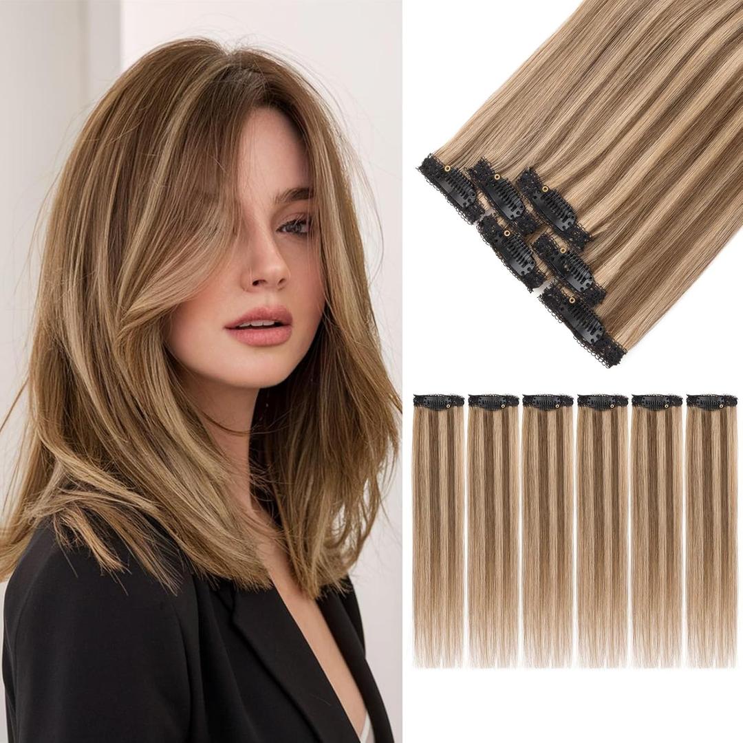 S-noilite 6Pcs Clip in Human Hair Extensions,Remy Single Short Clip in Hair Extensions 6Pcs 6clips Straight Medium Brown/Dark Blonde Seamless Hairpieces for Women 14Inch 36g