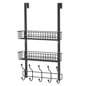 Coat Rack, Over The Door Hanger with Mesh Basket, Detachable Storage Shelf for Towels, Hats, Handbags, Coats (Black-2 Baskets)