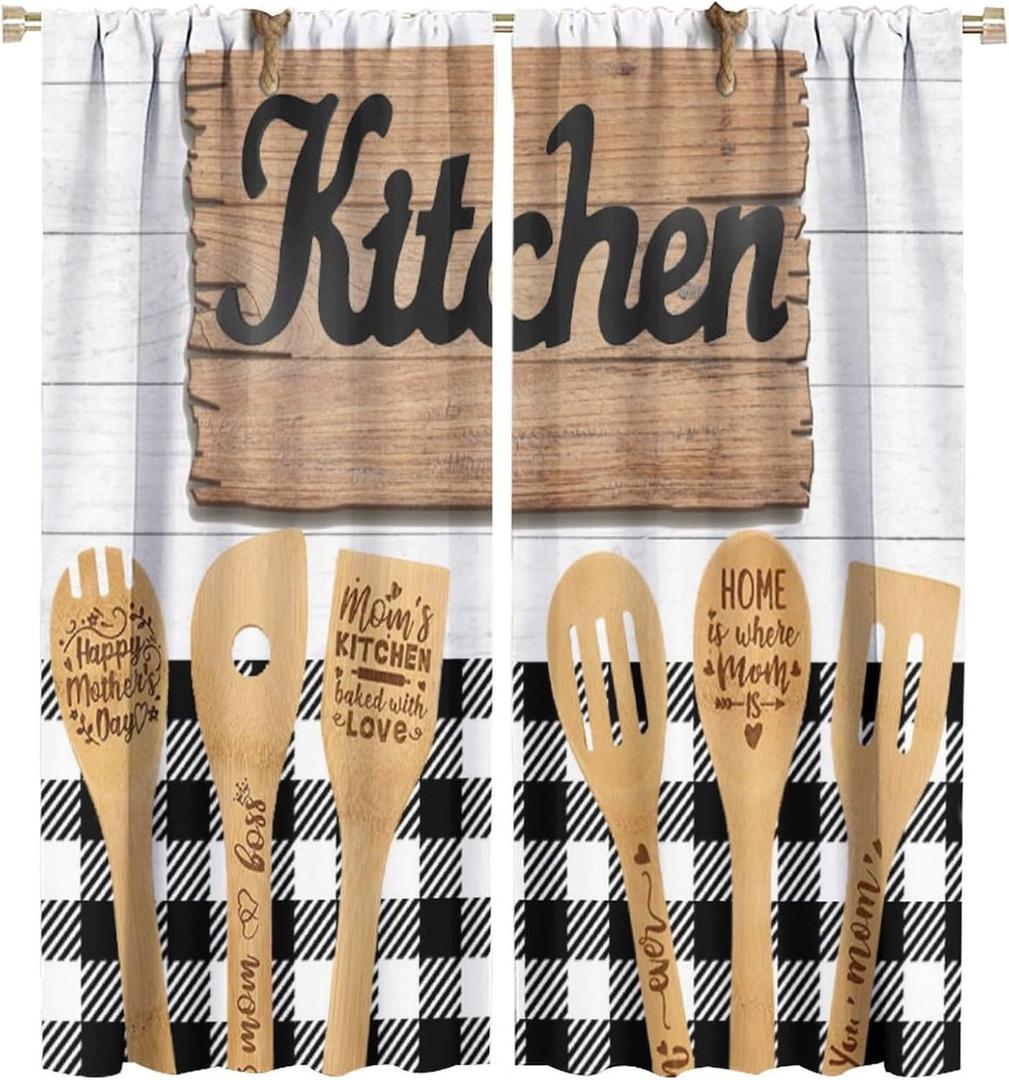 Rustic Kitchen Curtains Farmhouse Country Buffalo Plaid Wooden Plank Funny Quotes Black White Vintage for Home Kitchen Livingroom Coffee Room Window Curtain Drapes 2 Panels 42x45 Inch