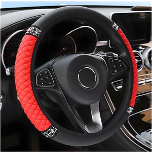 Bling Car Steering Wheel Cover, 15 Inch Rhinestones Soft Leather Elastic Steering Wheel Protector, Sparkly Crystal Diamond for Women Girls, Car Interior Accessories for Most Cars (Red)