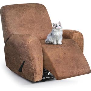Leather Look Recliner Chair Covers, 4-Pieces Stretch Recliner Cover, Soft Reclining Chair Slipcover, Washable Furniture Protector for Large Lazy Boy Recliner (1 XL Seater, 06 Brown)