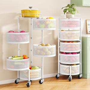 SNTD Fruit and Vegetable Basket Bowls for Kitchen with Metal Top Lid, 5 Tier Rotating Storage Rack Cart for Potato Onion Banana, Wire Basket Organizer on Wheels, Large (White)