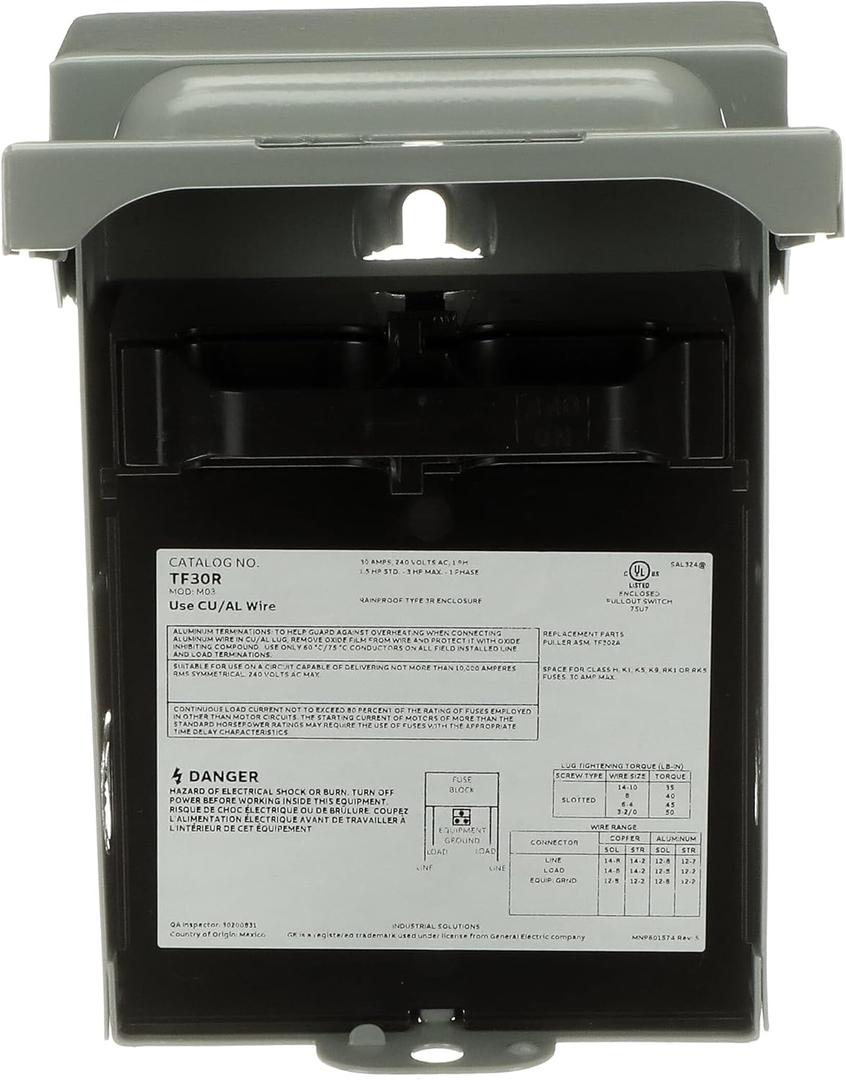 ABB TF30RCP  Weatherproof Fused AC Disconnect Switch  AC Disconnect 30A 240V  1 Phase N3R  Horsepower Rated  10kAIC