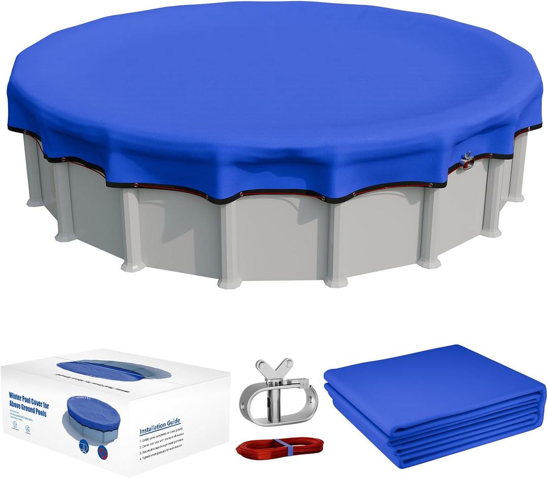 [Upgraded] 18ft/21ft/24ft/28ft Round Winter Pool Covers for Above Ground Pool Cover 18FT Cover 4FT Overlap - 500D Windproof with Steel Cable & Heavy Duty Winch - Swimming Pool Winter Cover Blue