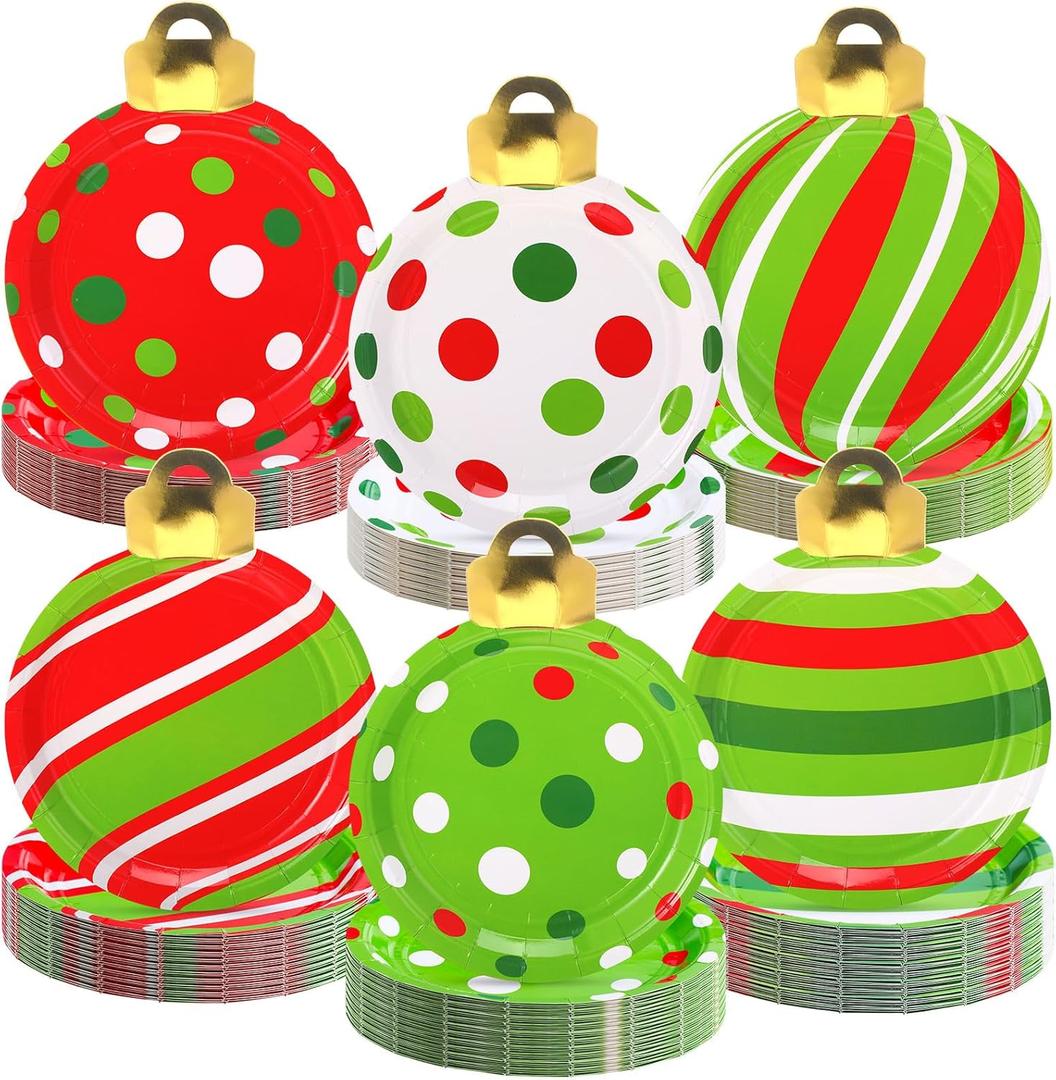 Zhehao 120 Pcs Christmas Disposable Paper Plates 7 Inches Xmas Dessert Plates Christmas Ball Shape Dish Holiday Paper Dinnerware Xmas Birthday Party Supplies for Dessert Salad Appetizer(Stylish Style)