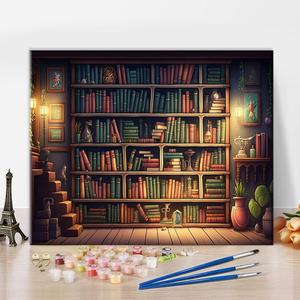 TUMOVO Frameless Bookshelves DIY Painting by Numbers for Beginners Books Paint by Number Kits for Adults Home Decoration Acrylic Simple Bookshelf Paint by Number Canvas for Gift 16x20 Inch