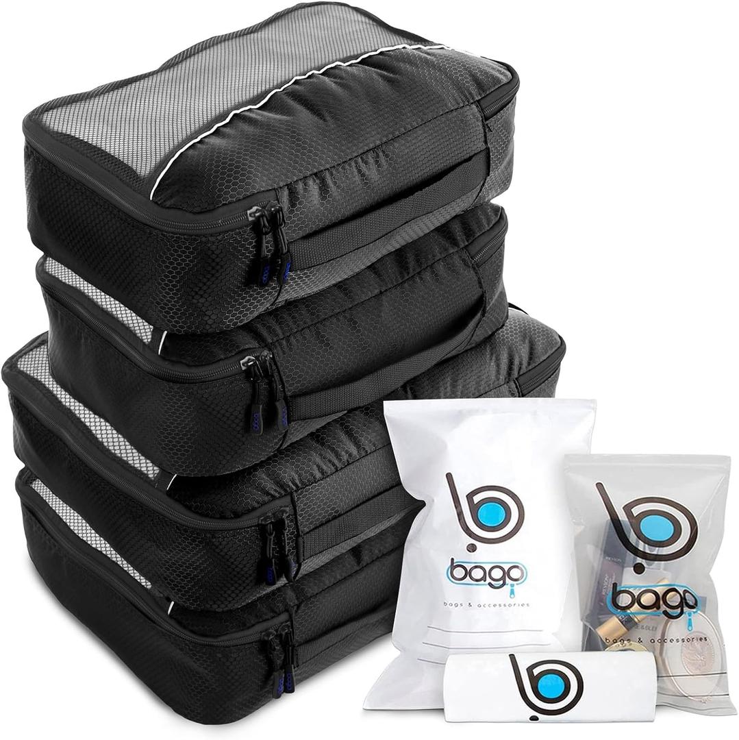 bago 7 Pcs Packing Cubes for Travel - 4 Travel Packing Cubes for Suitcases with 3 ZipLock Bags - Luggage Organizer Bags to Get Maximum Storage, Save Time & Effort to Pack (Black)