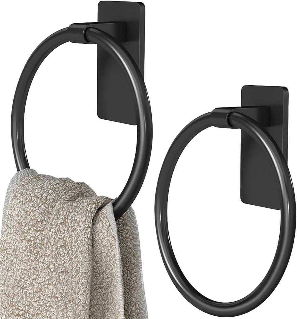 STWWO Adhesive Towel Holder, Hand Towel Holder for Bathroom, Self Adhesive Hand Towel Rings, Black, 2 Pack