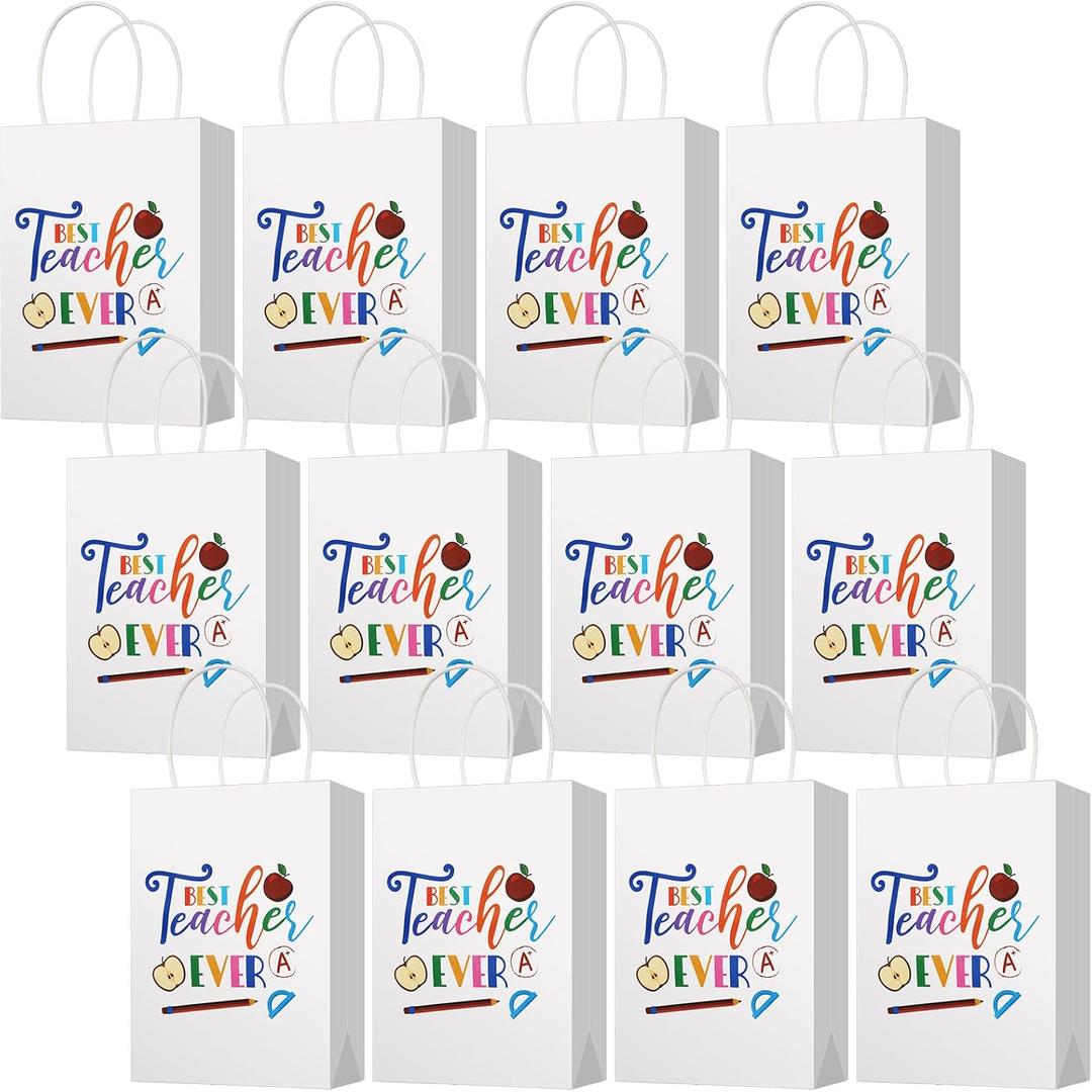 Spakon 12 Pieces Teacher Appreciation Gift Paper Bag Thank You Teacher Party Favors Tote Bags with Handles Treat Present Candy Bags for Appreciation Week Party Decoration Supplies