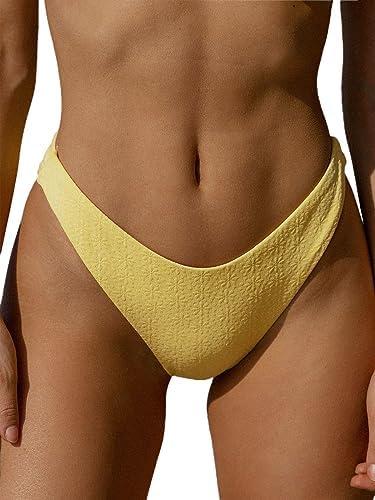 BERLOOK Women's Ribbed Tie Reversible Bikini Bottom Adjustable Hipster Full & High Cut Swimsuit, Yellow, XL