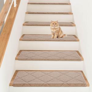 15 Pieces Ultra Plush Bullnose Carpet Stair Treads 9.5"x30" Non Slip, Self Adhesive, Pet Friendly, Washable, Reusable, Skid Resistant Indoor Stair Mats with Iron-Reinforced Edge (Diamond)